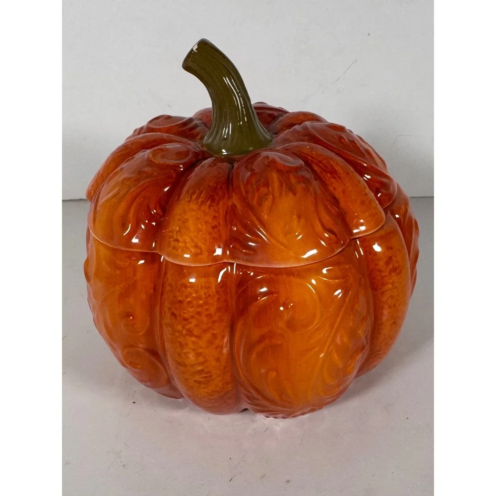 Pier 1 Imports Hand Painted Dolomite Pumpkin Lidded Jar Orange Fall Decor Whimsy